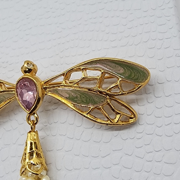 Avon Dragon Fly Gold & Faux Pearl Brooch Pendant - Picture 5 of 17